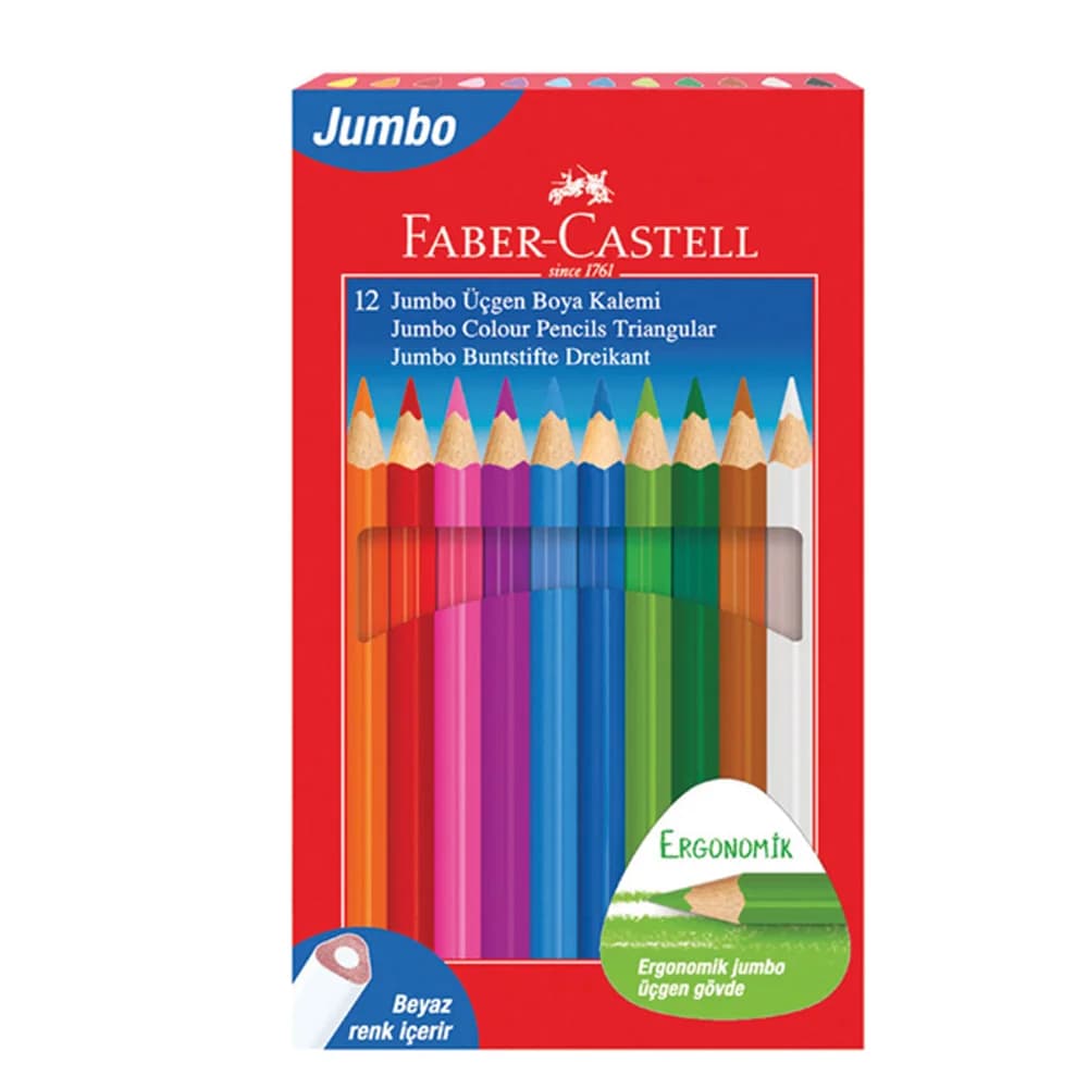 Faber-Castell Kuru Boya Kalemi Jumbo Tam Boy Üçgen Beyaz 12 Renk 5173 116616