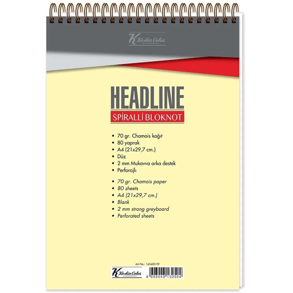 Keskin Color Bloknot Karton KapakSpiralli Headline A4 80 Yp.Düz