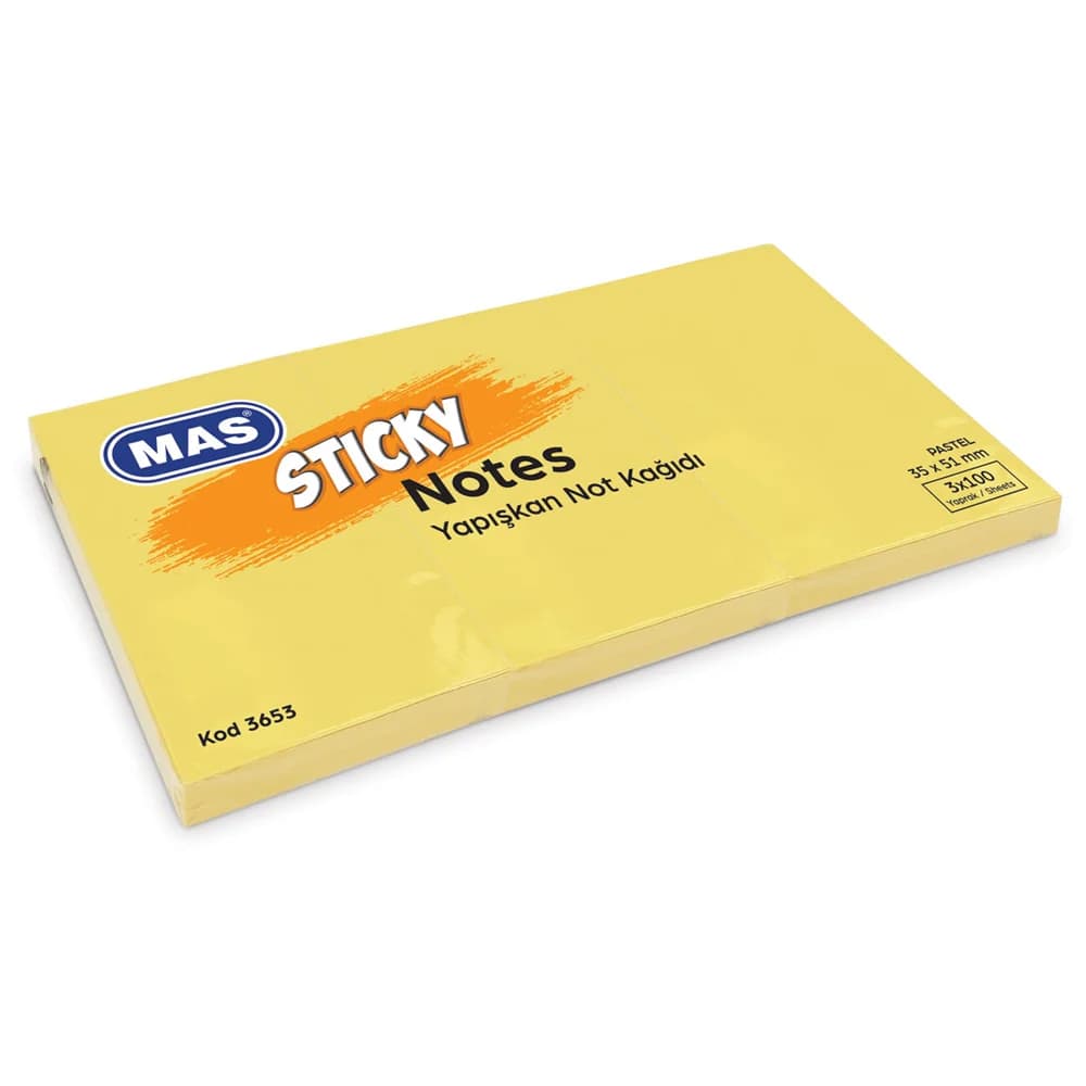 Mas Yapışkanlı Not Kağıdı 3 Blok 100 SY 35x51 Pastel Sarı 3653