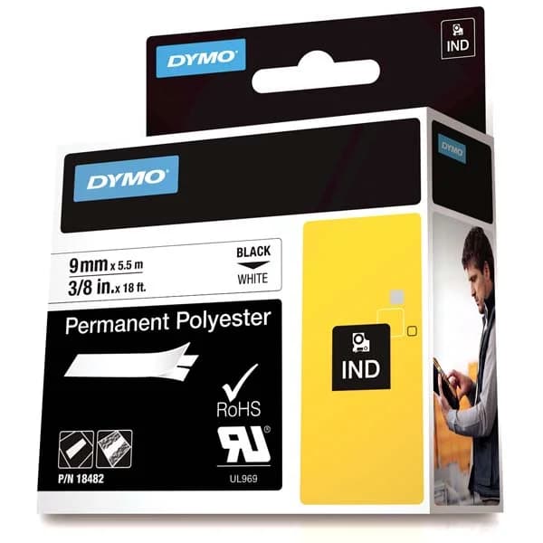 Dymo Rhinopro Sabitpolyster Şerit 9 MMx5.5 M Beyaz/Siyah 18482