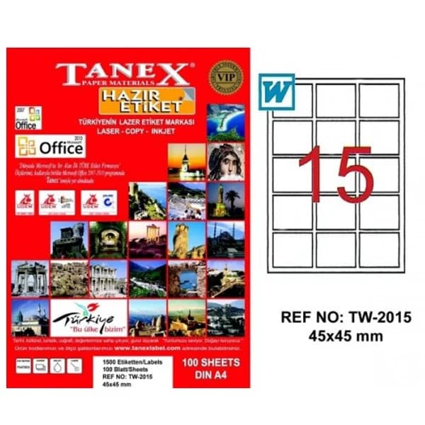Tanex Laser Etiket 100 YP 45x45 Laser-Copy-Inkjet TW-2015