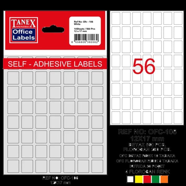 Tanex Ofis Etiketi Poşetli 12x17 MM Beyaz OFC-106