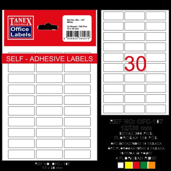 Tanex Ofis Etiketi Poşetli 12x30 MM Beyaz OFC-107