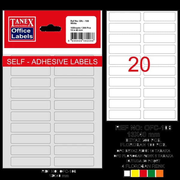 Tanex Ofis Etiketi Poşetli 13x40 MM Beyaz OFC-108