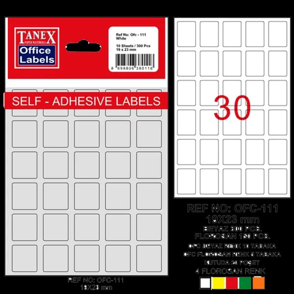 Tanex Ofis Etiketi Poşetli 19x23 MM Beyaz OFC-111