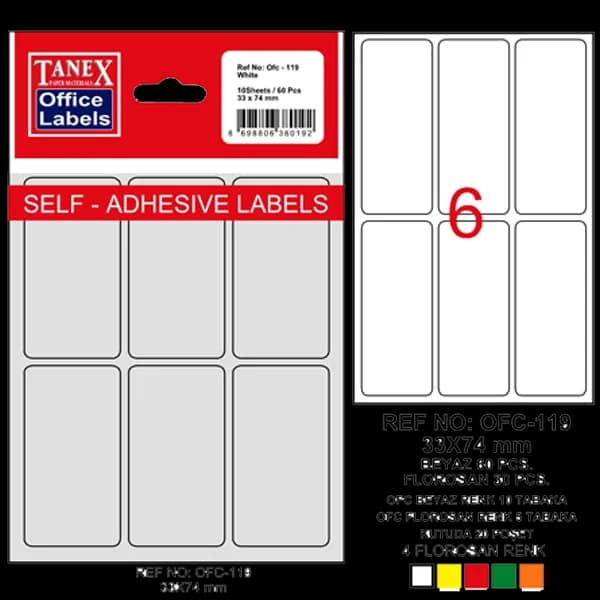 Tanex Ofis Etiketi Poşetli 33x74 MM Beyaz OFC-119