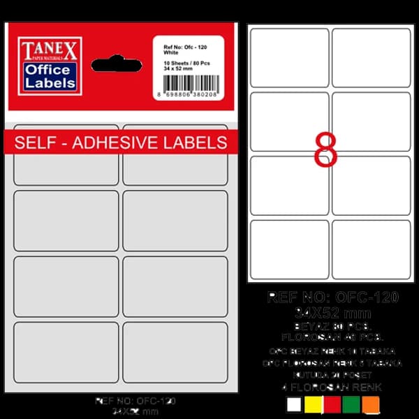 Tanex Ofis Etiketi Poşetli 34x55 MM Beyaz OFC-120