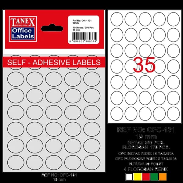 Tanex Ofis Etiketi Poşetli Yuvarlak 19 MM Beyaz OFC-131