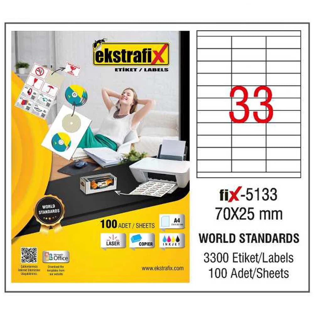 Ekstrafix Laser Etiket 100 YP 70x25  Laser-Copy-Inkjet FİX-5133