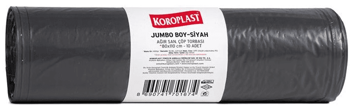 KOROPLAST ÇÖP TORBASI AĞIR SANAYİ JUMBO SİYAH 80x110 800 GR 10 LU 96 MİC. ST01500345