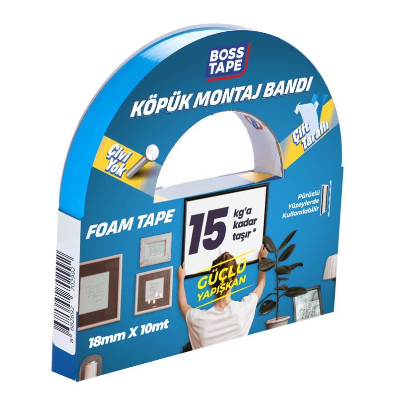 BOSS TAPE MONTAJ BANDI ÇİFT TARAFLI KÖPÜK BEYAZ 15 KG 18 MM x 10M BLS. BT-01015