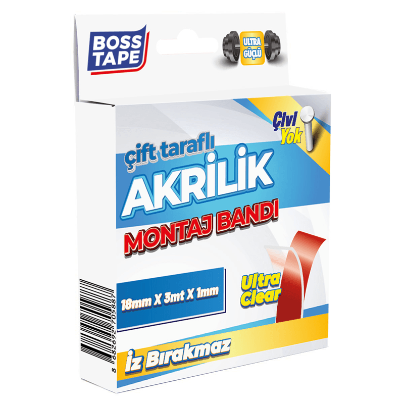 BOSS TAPE MONTAJ BANDI ÇİFT TARAFLI AKRİLİK 18 MM x 3M KUTULU BT-01002