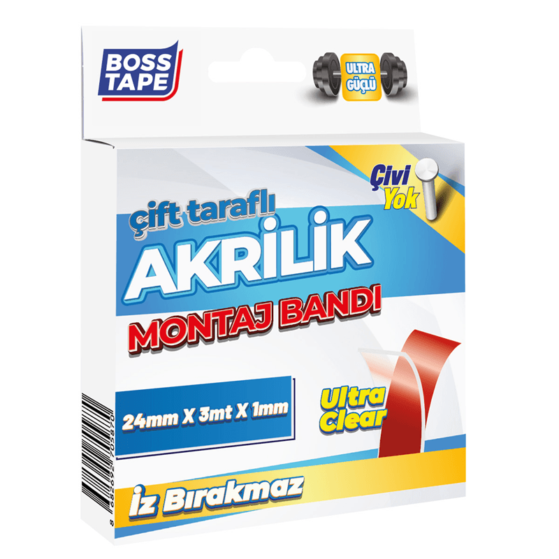 BOSS TAPE MONTAJ BANDI ÇİFT TARAFLI AKRİLİK 24 MM x 3M KUTULU BT-01004