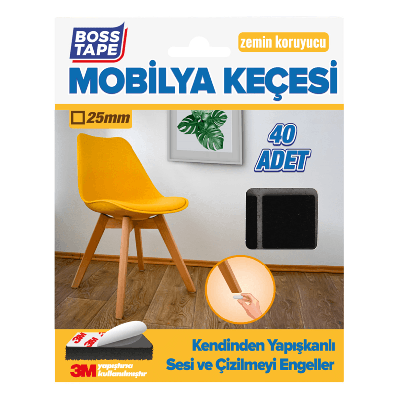 BOSS TAPE MOBİLYA KEÇESİ KARE 25x25 MM 40 ADET SİYAH BT-03026