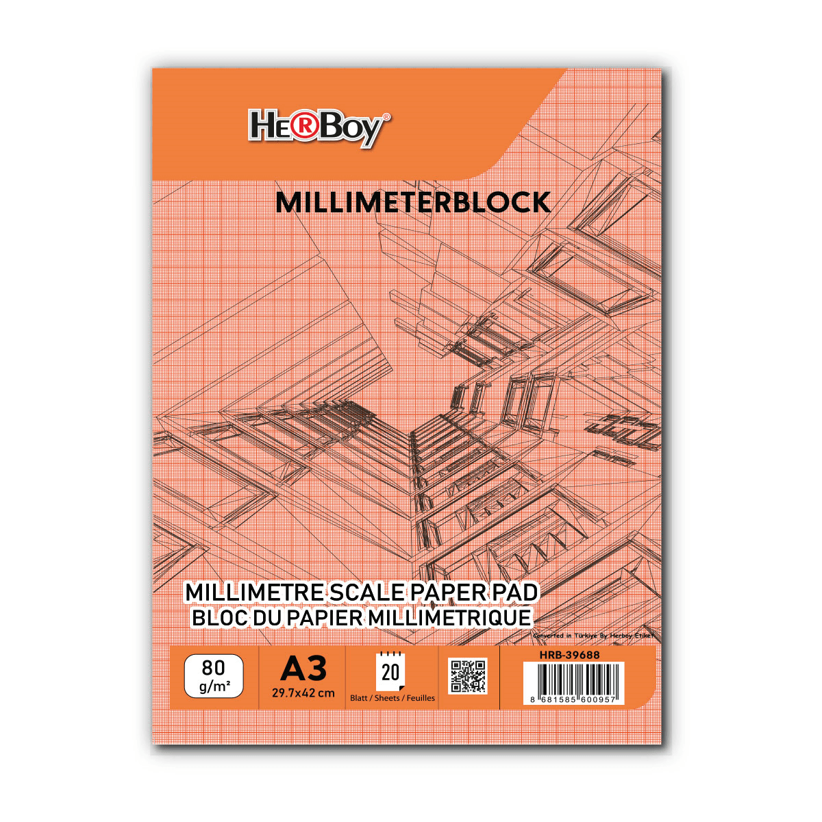 HERBOY MİLİMETRİK A3 20 YP KIRMIZI BLOK 80G  HRB-39688