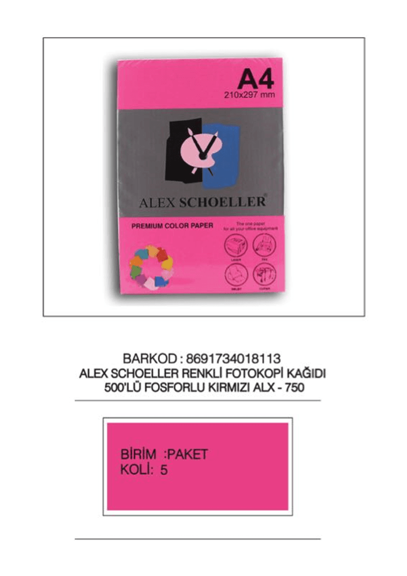 ALEX A4 FOSFORLU KIRMIZI FOTOKOPİ KAĞIDI 500 LÜ ALX-750 (Best)