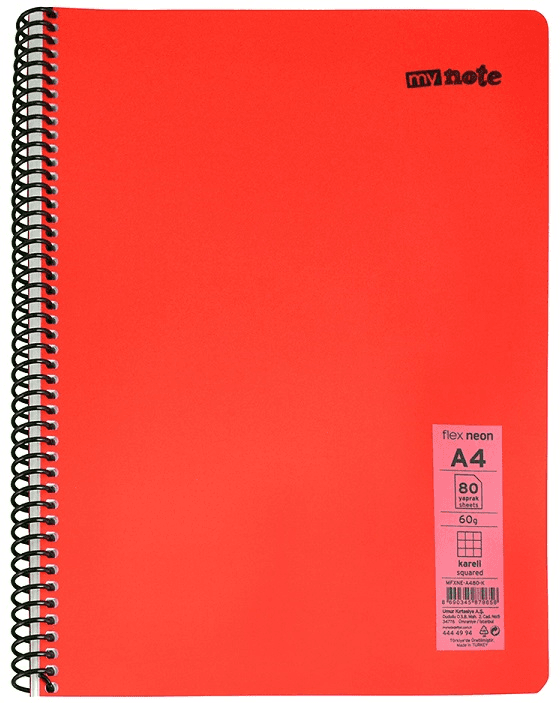 MYNOTE DEFTER FLEX NEO PP KAPAK SPİRALLİ A4 80 YP KARELİ MFXNE-A480-K