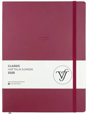 VJ AJANDA 2025 HAFTALIK 19x25 CLASSIC SERT KAPAK IVORY 100 GR LASTİKLİ KIRMIZI 144 SF. 124-1403