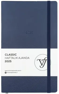 VJ AJANDA 2025 HAFTALIK 13x21 CLASSIC SERT KAPAK IVORY 100 GR LASTİKLİ LACİVERT 144 SF. 124-1410