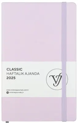 VJ AJANDA 2025 HAFTALIK 13x21 CLASSIC SERT KAPAK IVORY 100 GR LASTİKLİ LİLA 144 SF. 124-1414