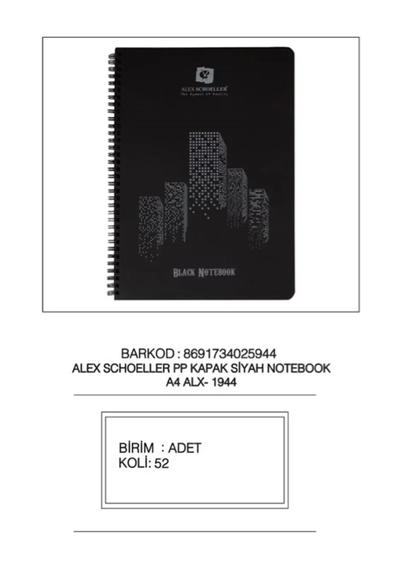 ALEX A4 60 YP SPR PP KAPAK SİYAH DEFTER ALX-1944