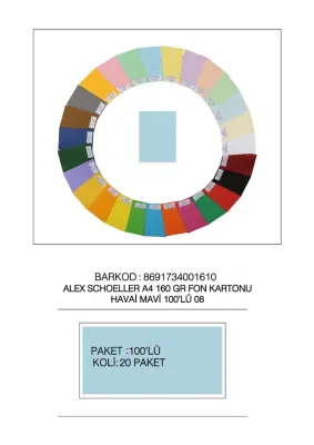ALEX FON KARTONU 160GR A4 HAVAİ MAVİ 100 LÜ 08