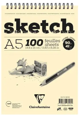 CLAIREFONTAINE ESKİZ BLOK ESQUISSE SKETCH IVORY SPİRALLİ UZUN KENAR A5 90 GR 50 YP EI96258