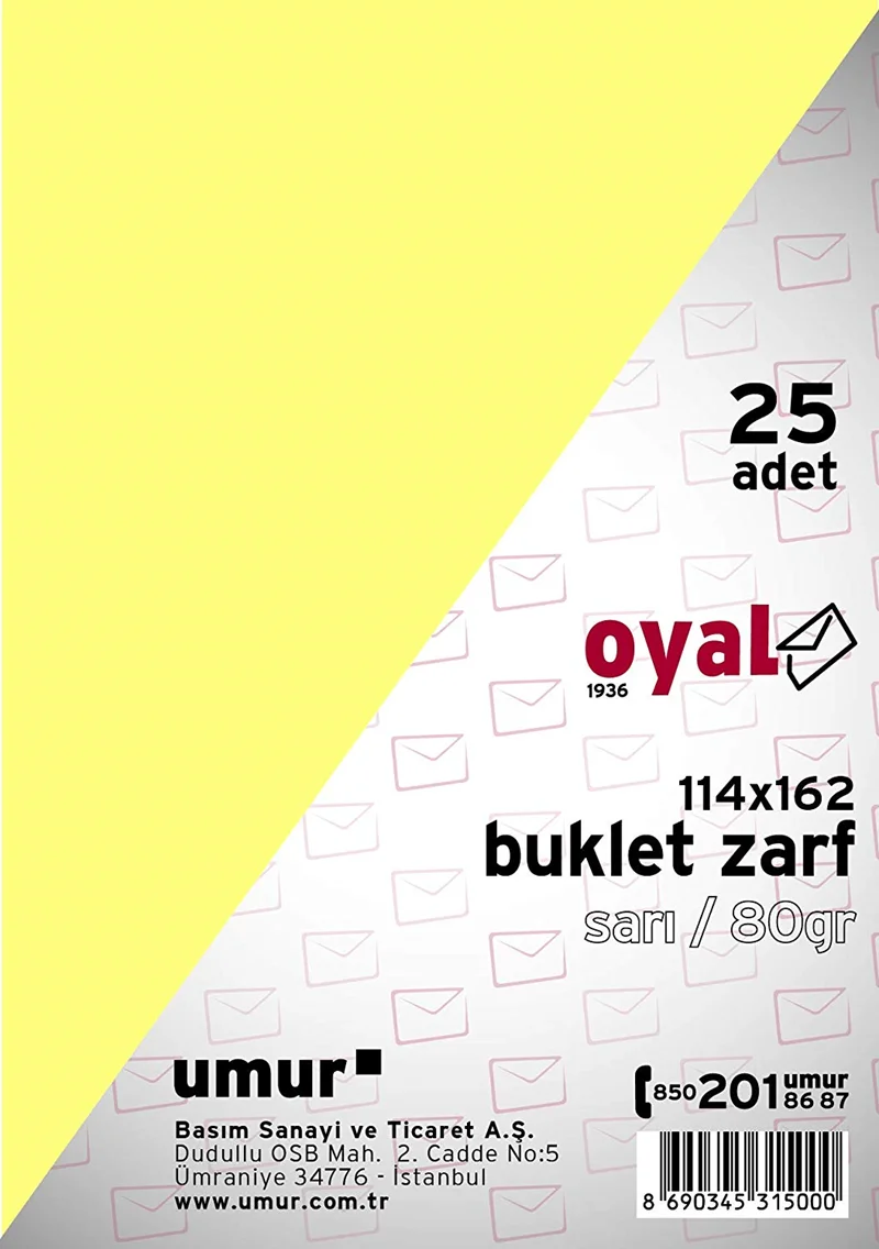 OYAL ZARF BUKLET 11.4x16.2 80 GR POŞETLİ SARI 25 Lİ 30015230
