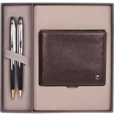 SCRIKSS HEDİYELİK SET DR 214 35 TÜKENMEZ KALEM + VERSATİL KALEM GOLD KROM + CÜZDAN DERİ KAHVERENGİ