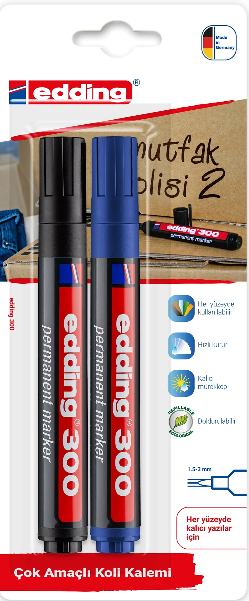 EDDING PERMANENT MARKÖR E-330 2 Lİ BLS. SİYAH &amp; MAVİ