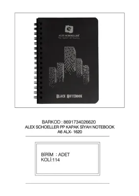 ALEX DEFTER A6 PP KAPAK SPİRALLİ 60 YP SİYAH ALX-1620
