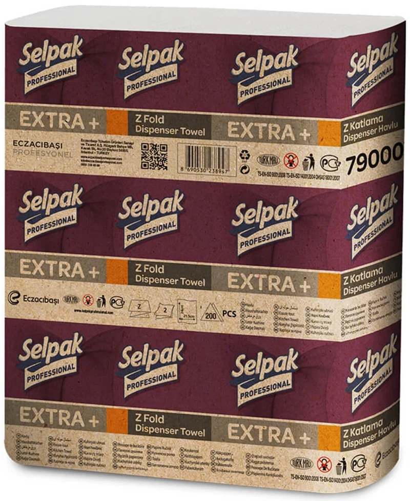 SELPAK Z KATLI EXTRA DİSPENSER HAVLU PLUS 21,5x24 Cm.200 LÜ 5,2 KG (KOLİ=200 LÜ x 12 PK) 7900077