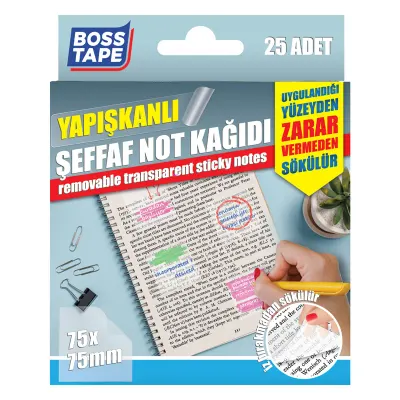 BOSS TAPE YAPIŞKANLI NOT KAĞIDI ŞEFFAF 75x75 MM 25 ADET BT-05004