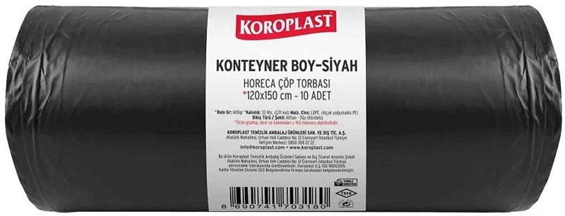 PASİF KOROPLAST ÇÖP TORBASI HORECA KONTEYNER SİYAH 120x150 KÖRÜKLÜ 600 GR 10 LU 33 MİC. ST01500427