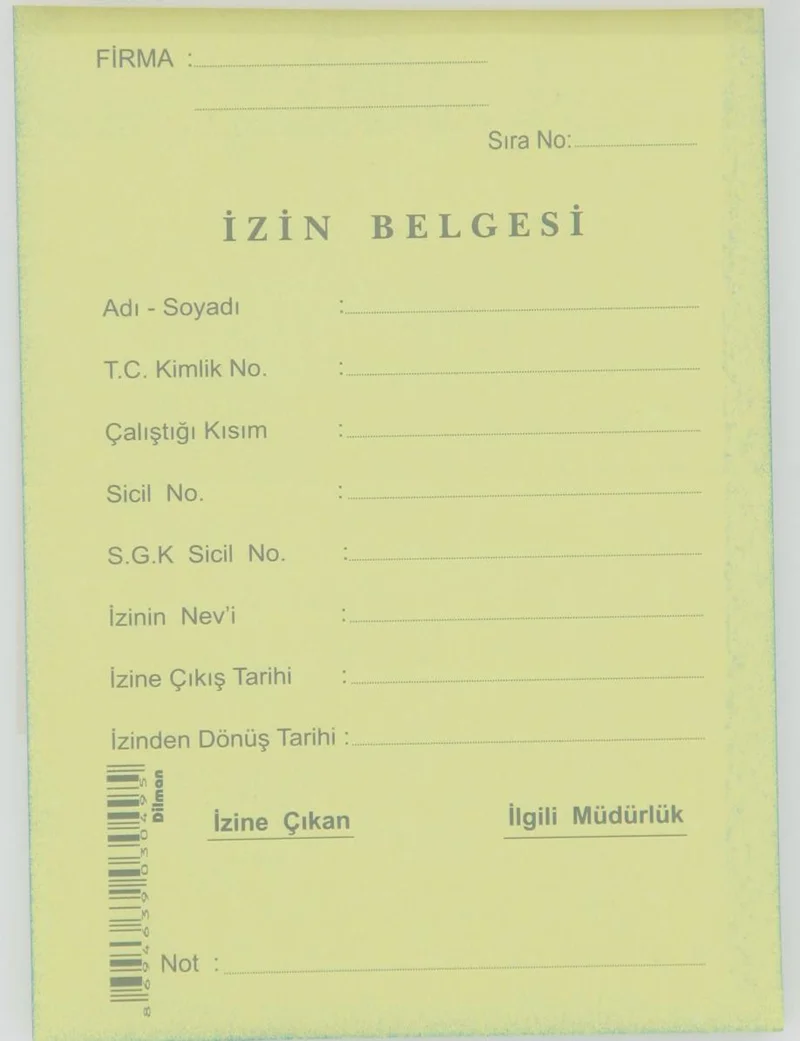 DİLMAN GÜNLÜK İŞÇİ İZİN KAĞIDI OTOKOPİLİ 100 LÜ 3049