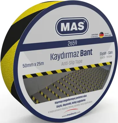 MAS KAYDIRMAZ BANT 50 MM x 25 M SARI &amp; SİYAH 2659