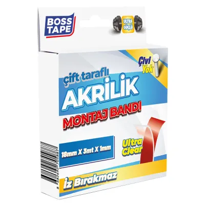 BOSS TAPE MONTAJ BANDI ÇİFT TARAFLI AKRİLİK 18 MM x 3M KUTULU BT-01002