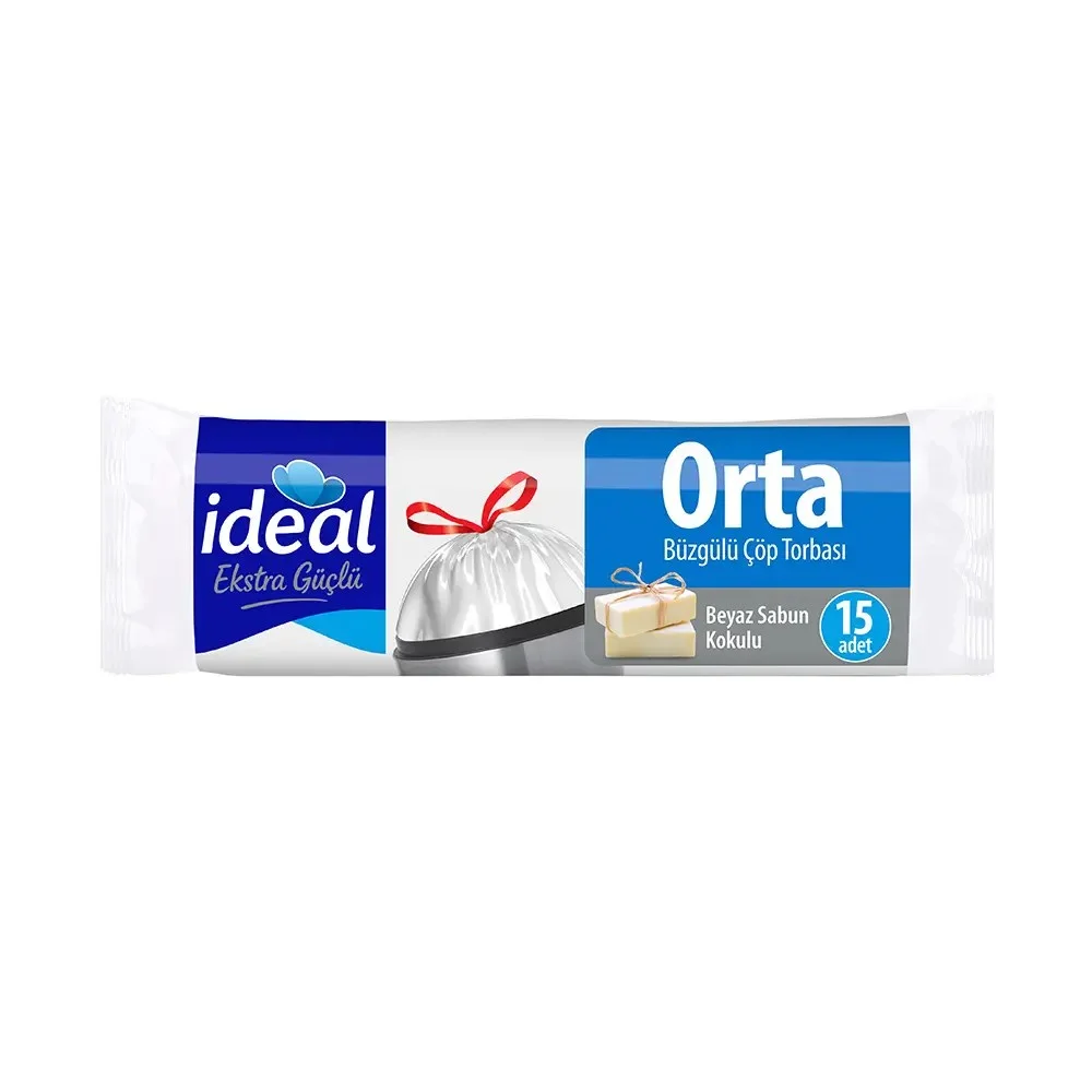 KOROPLAST İDEAL ÇÖP TORBASI ORTA 55x57 BÜZGÜLÜ BEYAZ SABUN KOKULU 15 Lİ ST01600232