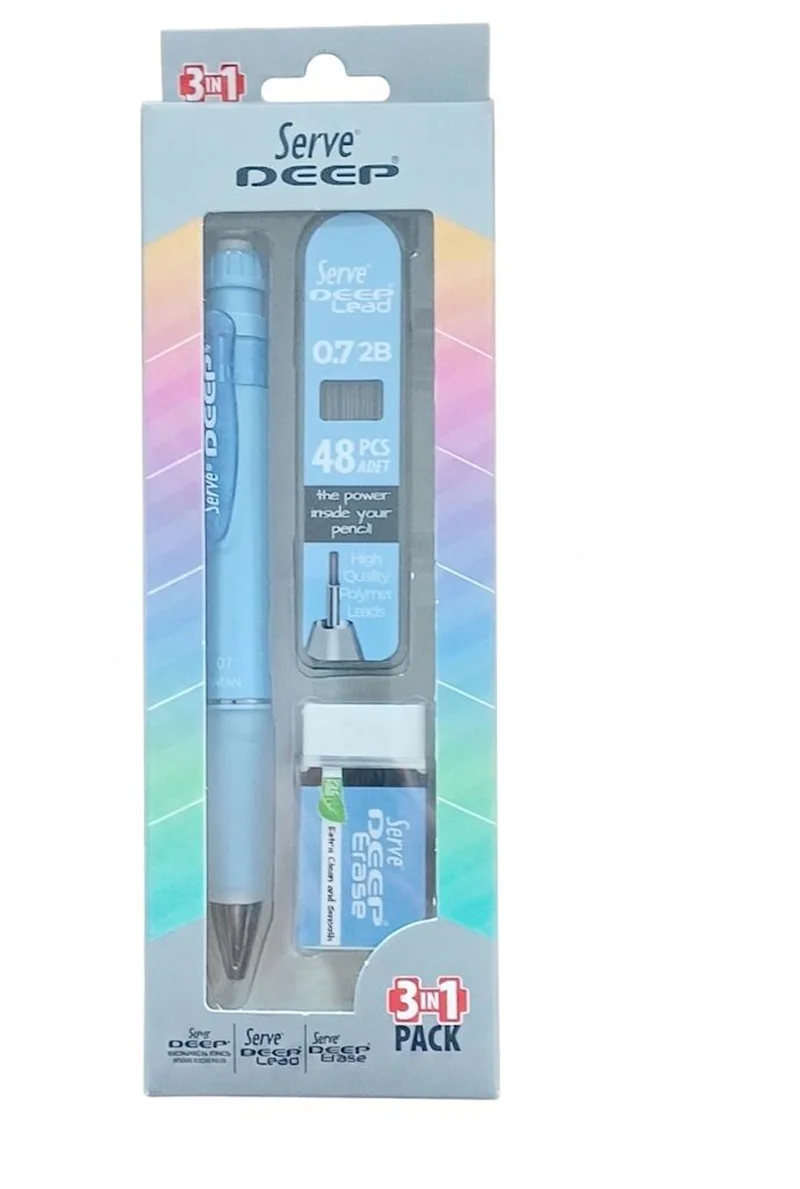 SERVE DEEP VERSATİL KALEM+SİLGİ+MİN 3 LÜ SET 0,7 MM PASTEL GÖK MAVİSİ SV-DEEP3SETGM (Best)