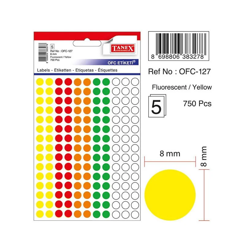 TANEX OFC-127 MİX COLOR 8 mm OFİS ETİKETİ YUVARLAK (Best)