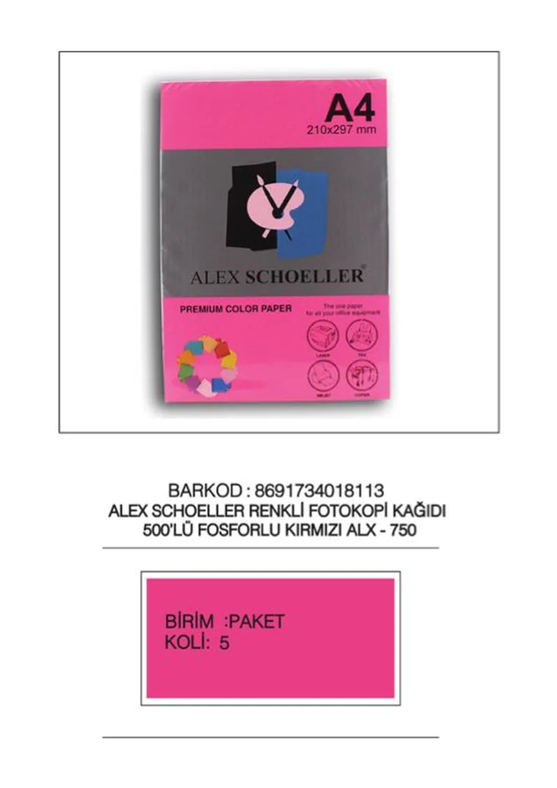 ALEX A4 FOSFORLU KIRMIZI FOTOKOPİ KAĞIDI 500 LÜ ALX-750 (Best)