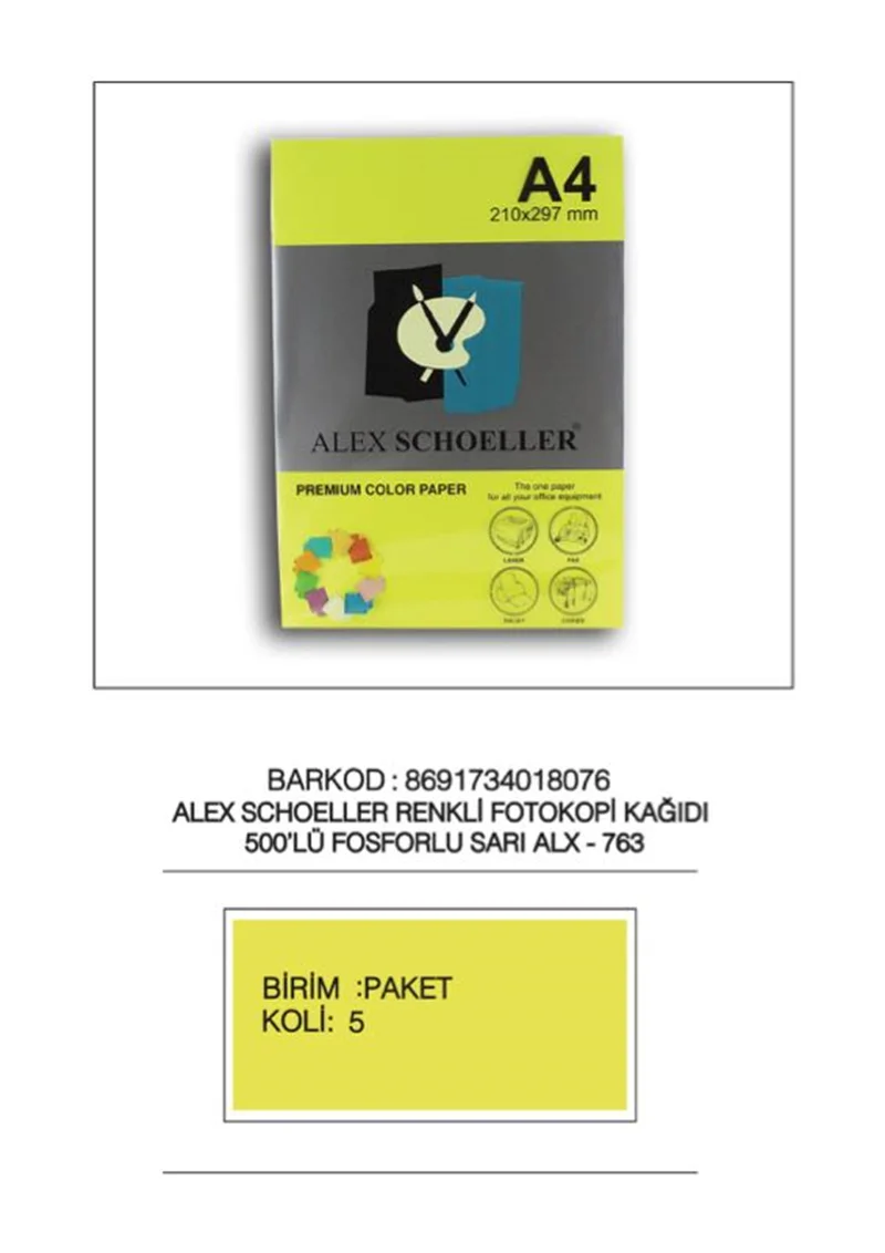 ALEX A4 FOSFORLU SARI FOTOKOPİ .KAĞIDI 500 LÜ ALX-763 (Best)