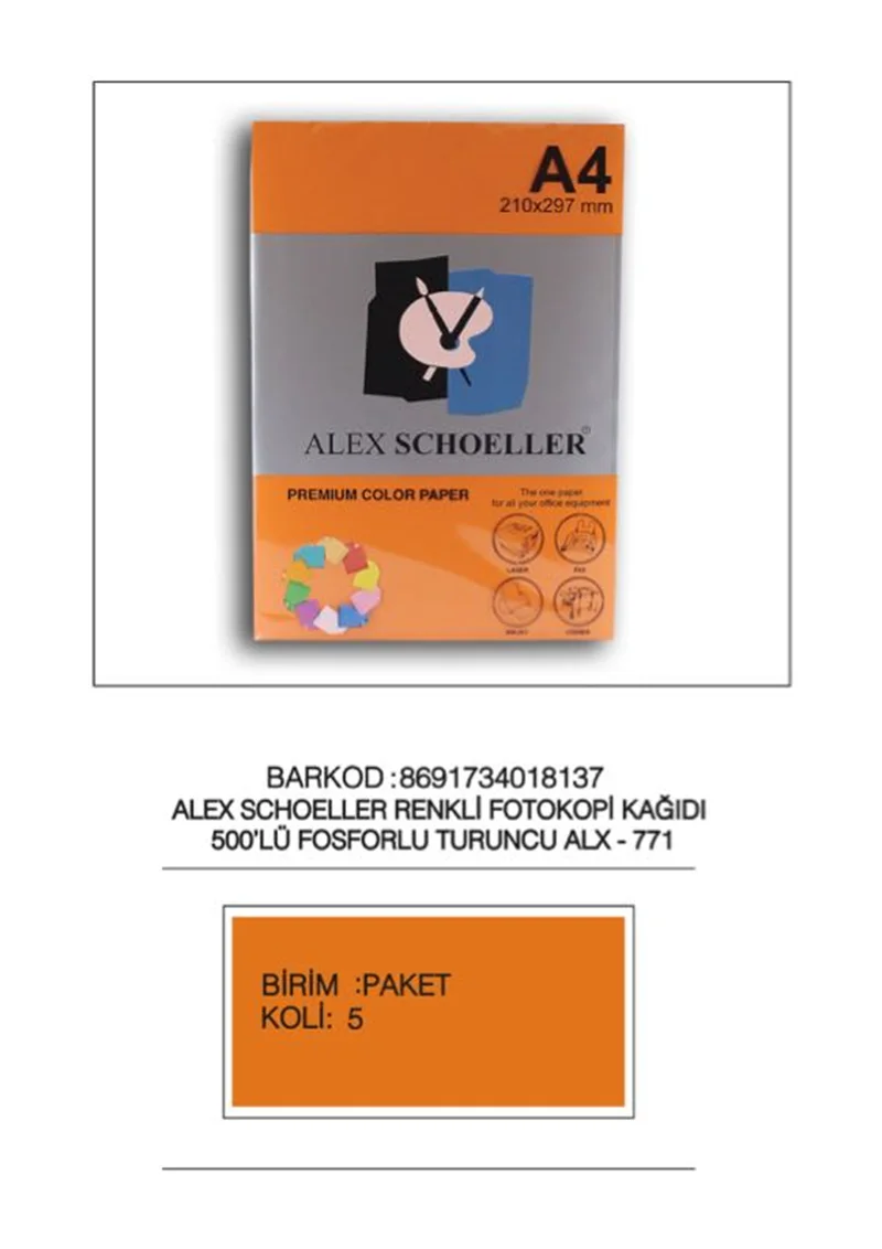 ALEX ALX-771 A4 FOSFORLU TURUNCU FOTOKOPİ KAĞIDI 500 LÜ (Best)