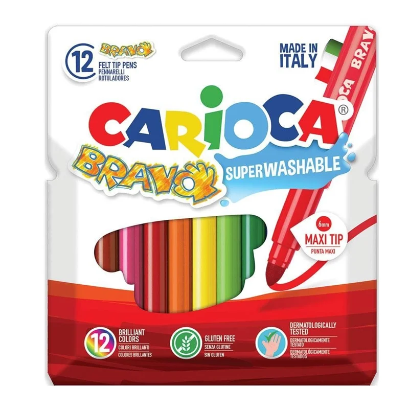 CARIOCA BRAVO 12 RENK SÜPER JUMBO YIKANABİLİR KEÇELİ KALEM 42755 (Best)