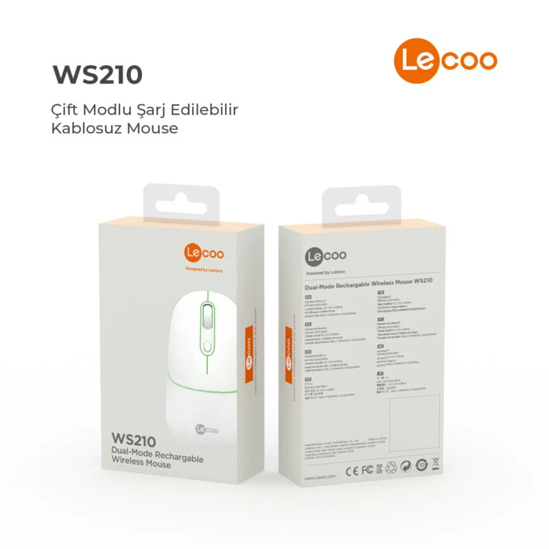 LECOO WS210 BEYAZ Bluetooth &amp; 2.4G WiFi Wireless Charging MOUSE (Best)
