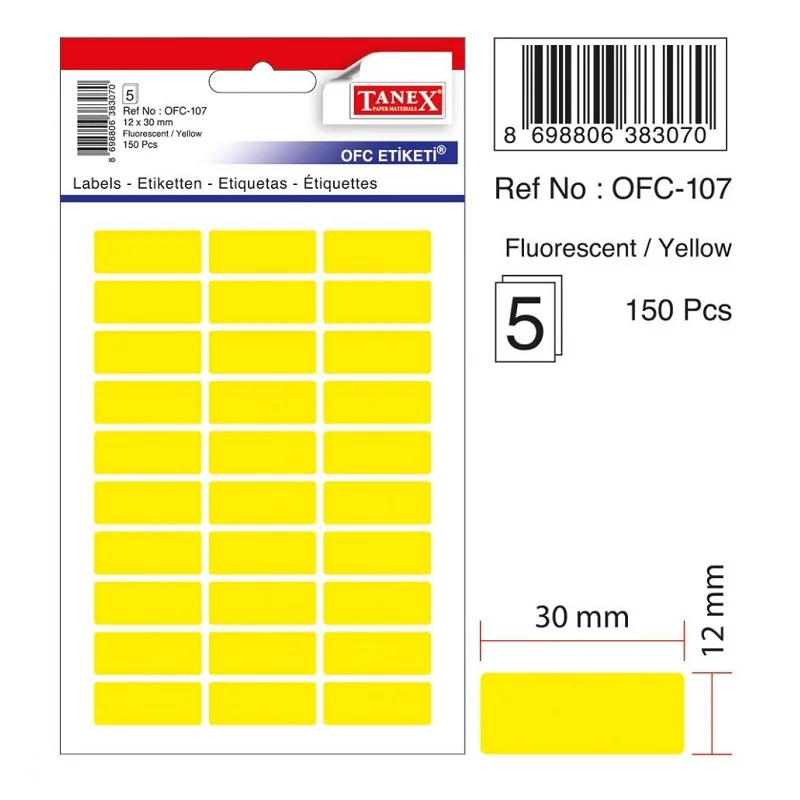 TANEX OFC-107 SARI 12x30 mm OFİS ETİKETİ (Best)