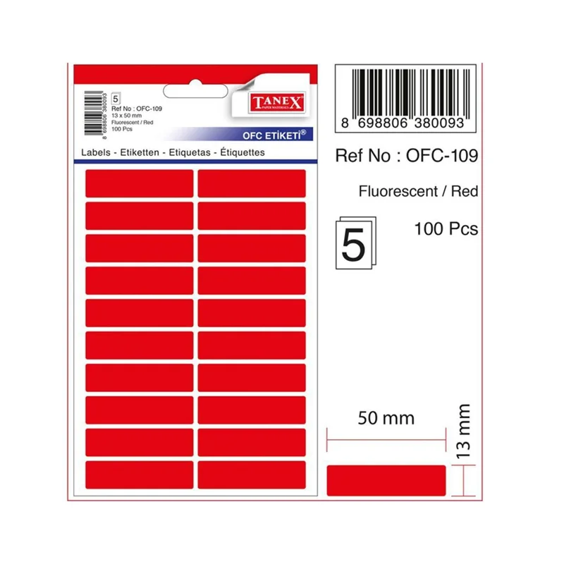 TANEX OFC-109 KIRMIZI 13x50 mm OFİS ETİKETİ 5 Lİ (Best)