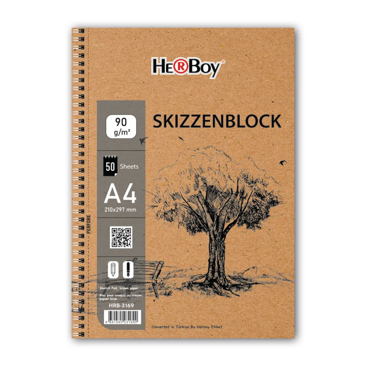 HERBOY SKIZZENBLOCK A4 50.Lİ 90 GR KRAFT YAN SPİRALLİ BLOK  HRB-3169