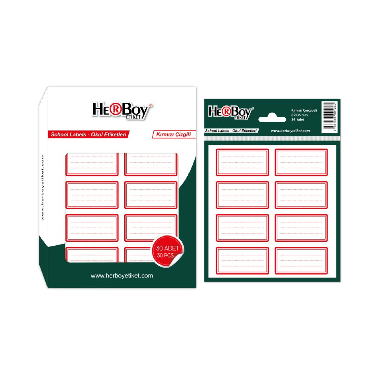 HERBOY HRB-0131 OKUL ETİKETİ ÇİZGİLİ KIRMIZI KUTU 20'Lİ PŞT.  HRB-0131