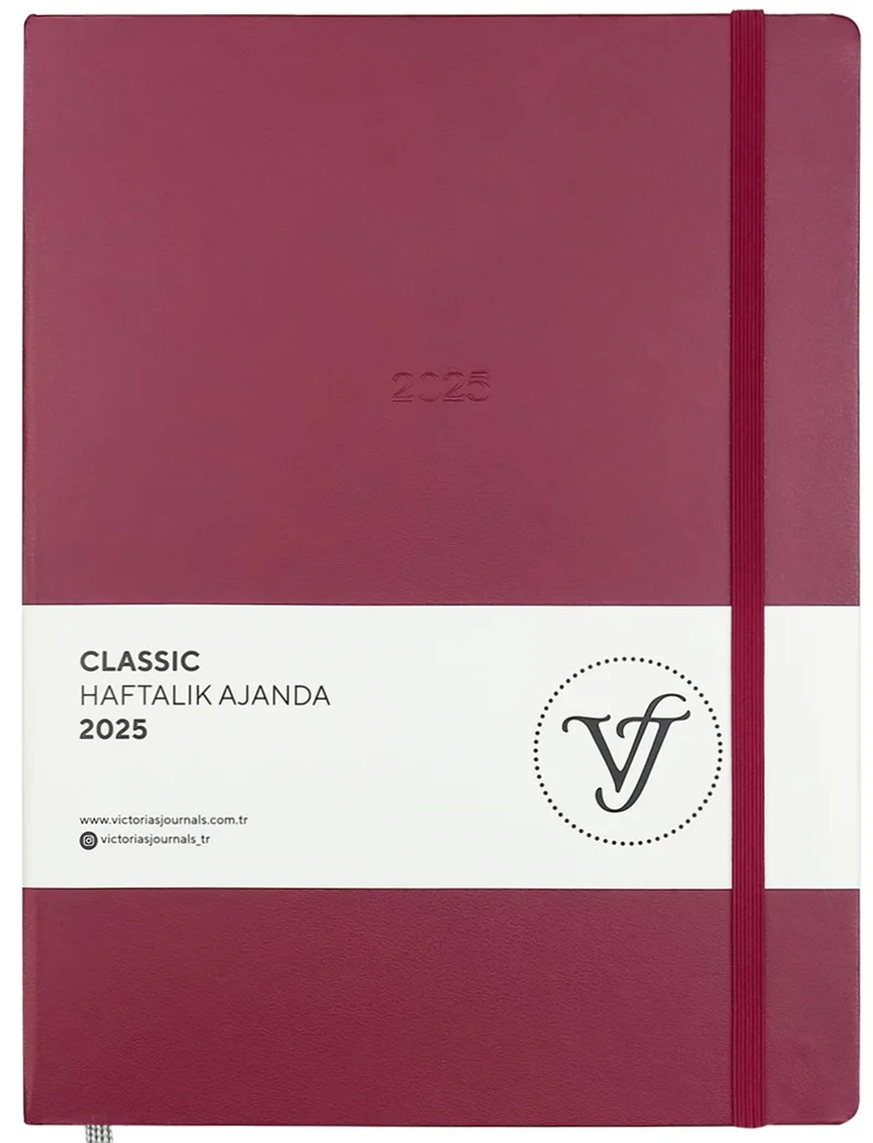 VJ AJANDA 2025 HAFTALIK 19x25 CLASSIC SERT KAPAK IVORY 100 GR LASTİKLİ KIRMIZI 144 SF. 124-1403